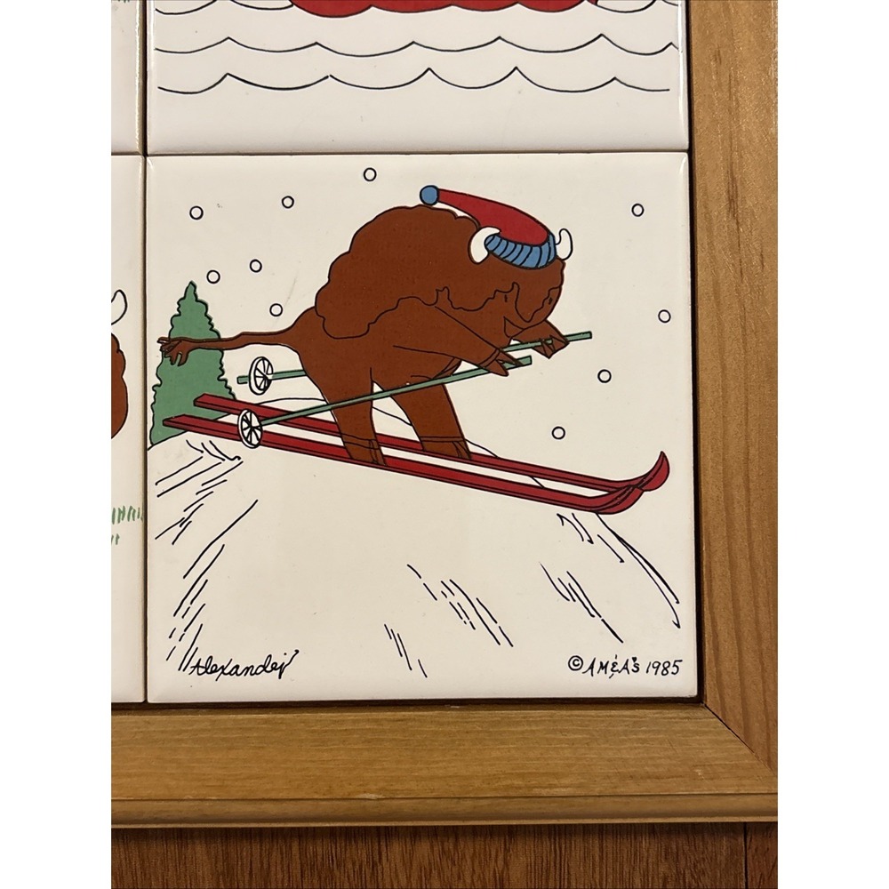 Vintage 1985 AM&As Buffalo Ceramic Tile Wall Art 4 Tile Framed Alexander Buffalo - Picture 2 of 10